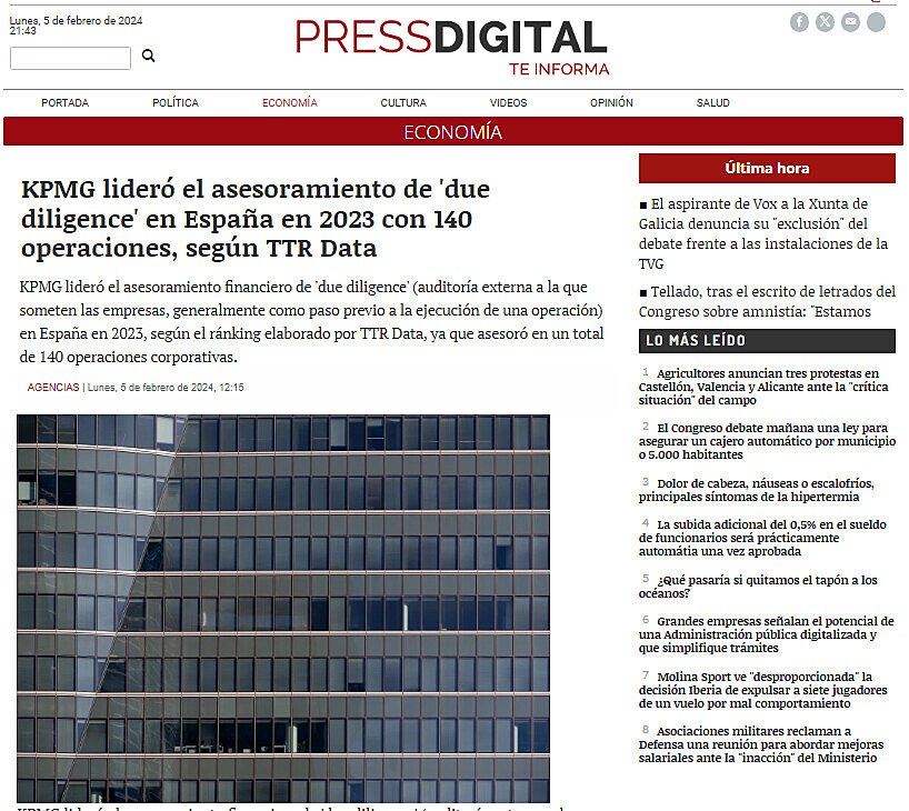 KPMG lider el asesoramiento de 'due diligence' en Espaa en 2023 con 140 operaciones, segn TTR Data